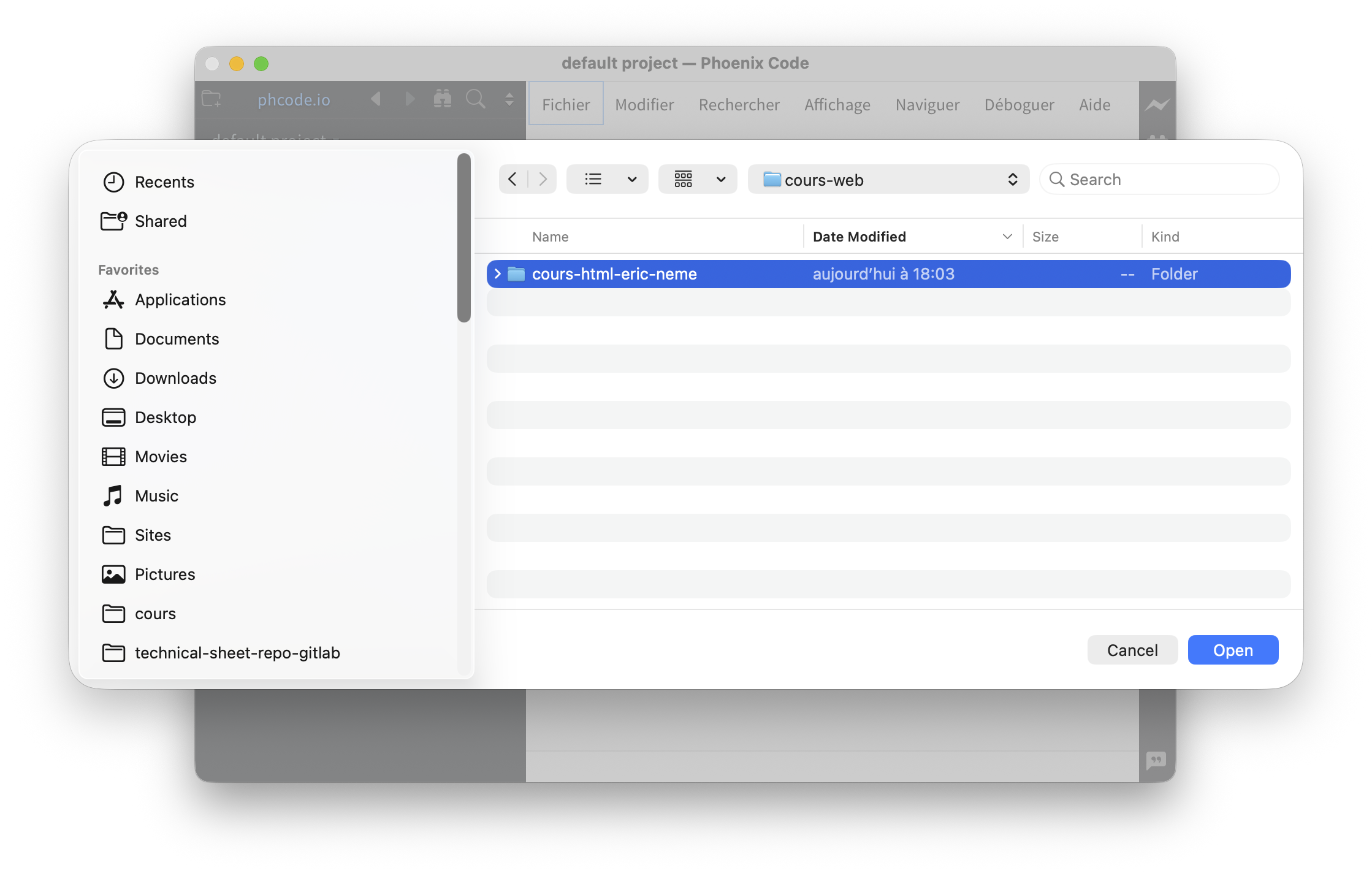 Boite de dialogue d’ouverture d’un dossier dans Phœnix Code