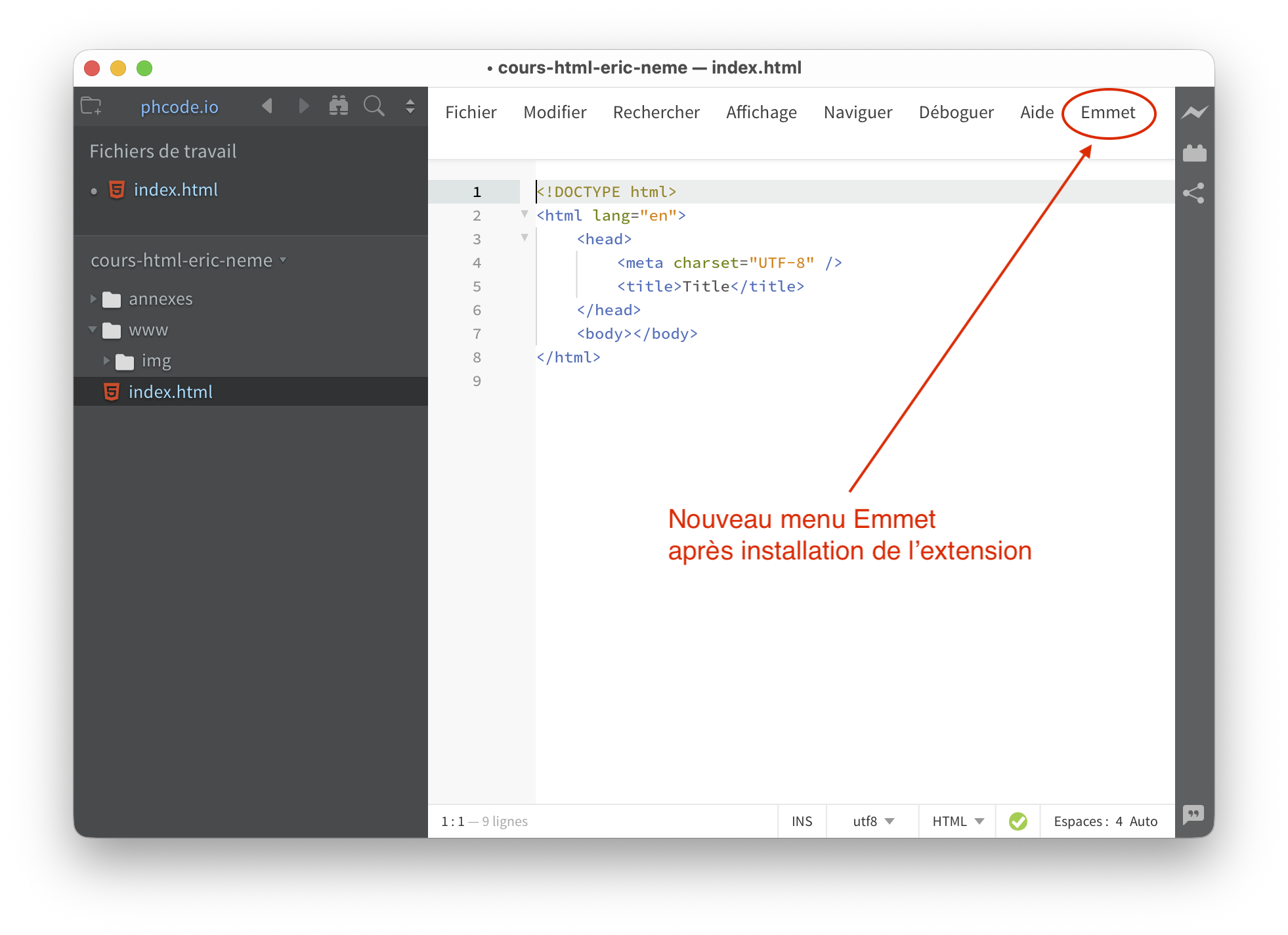 Menu Emmet dans Phœnix Code une fois l'extension installée